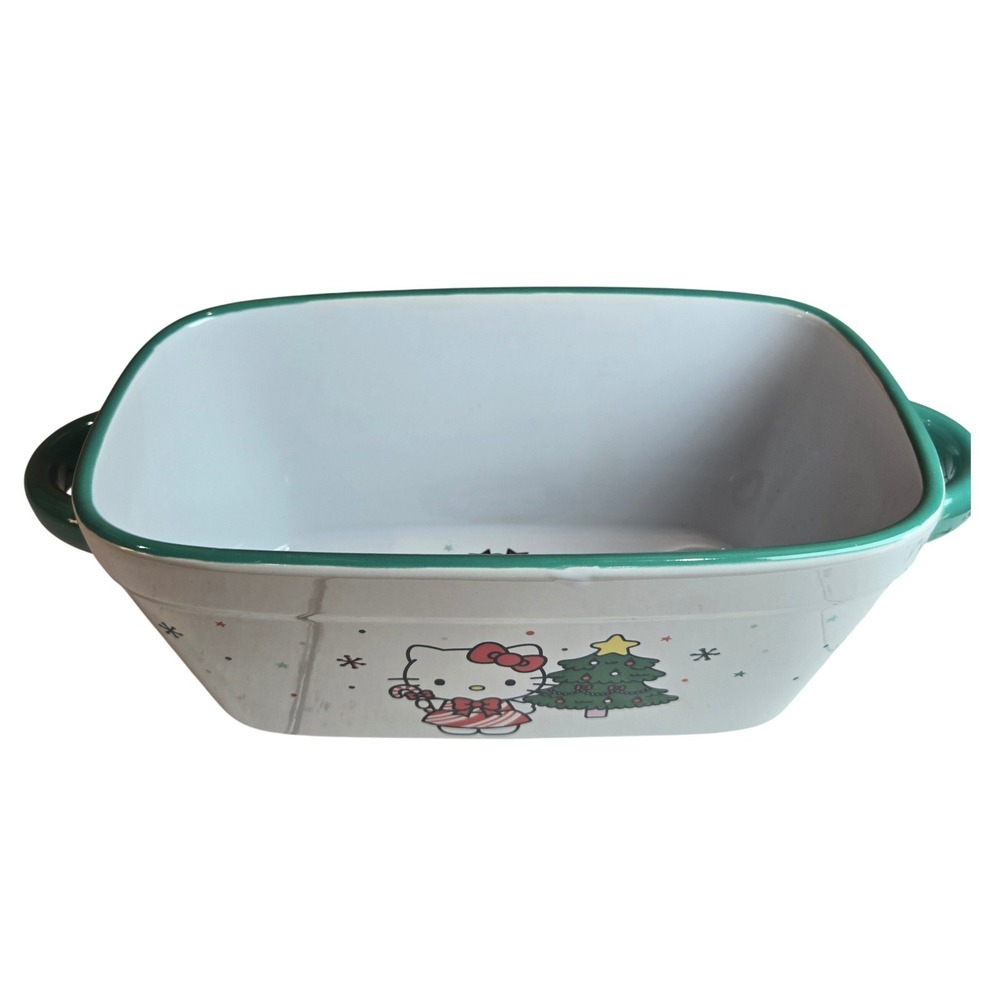 Hello Kitty Christmas Baking Dish NWOB 9x4 Rectangular Ceramic Green Handles - Picture 3 of 5